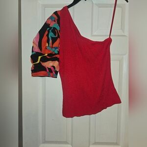 New York & Company Red One-Shoulder Blouse with Colorful Sleeve
